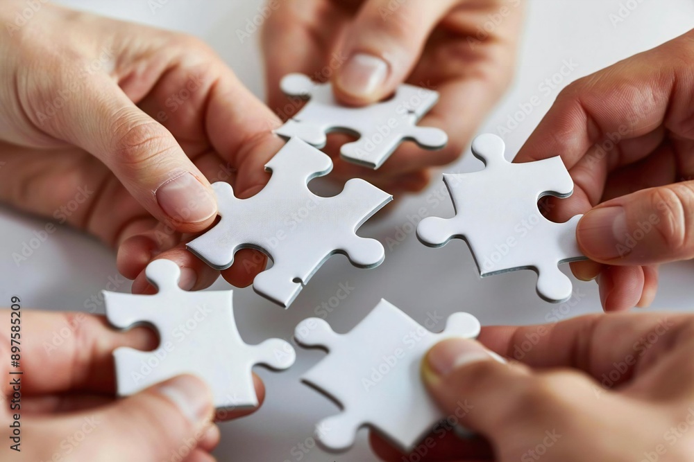 Beautiful hands holding white jigsaw puzzles against a white background, working as a team to solve the pieces together. Beautiful hands holding white jigsaw puzzles against a white background, working as a team to solve the pieces together.