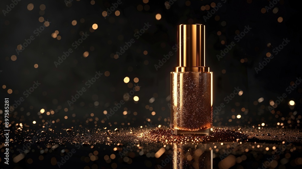 A luxurious gold nail polish bottle with metallic sheen, positioned against a backdrop of midnight black, radiating opulence and sophistication with its elegant design.