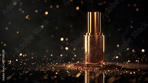 Obraz na płótnie A luxurious gold nail polish bottle with metallic sheen, positioned against a backdrop of midnight black, radiating opulence and sophistication with its elegant design. w salonie