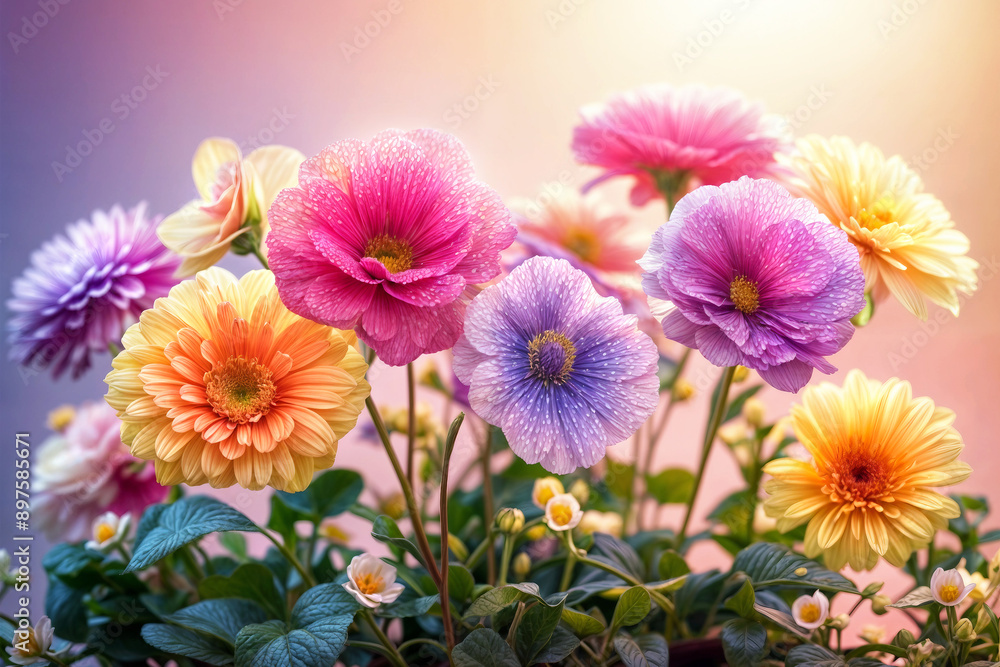 Obraz premium Bouquet of multi-colored flowers. A large bouquet of flowers on a light multi-colored background