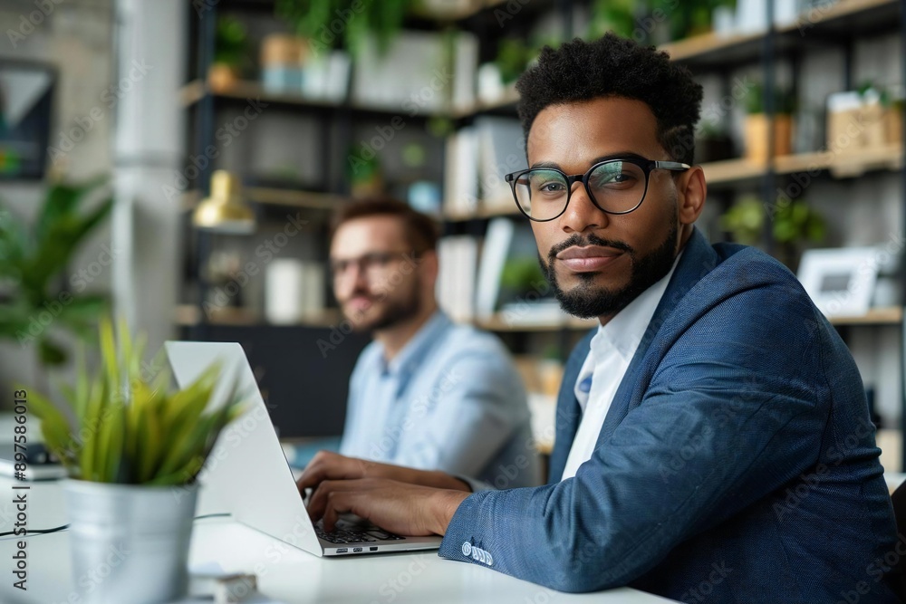 Beautiful close-up of a businessperson having a video conference with a handsome male colleague on laptop. Beautiful close-up of a businessperson having a video conference with a handsome male colleague on laptop.