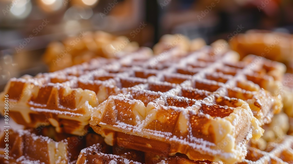 Liege waffles. Dense, sweet waffles with caramelized sugar cubes inside. Often sold as street food and eaten plain. Liege waffles. Dense, sweet waffles with caramelized sugar cubes inside. Often sold as street food and eaten plain.