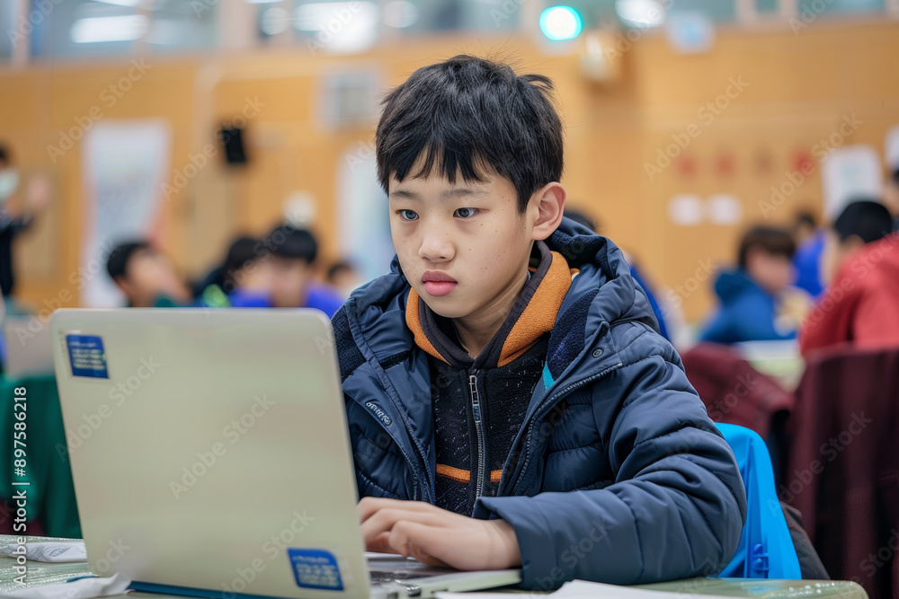 Focused Young Programmer at Coding Competition in Busy Schoolroom Environment Focused Young Programmer at Coding Competition in Busy Schoolroom Environment