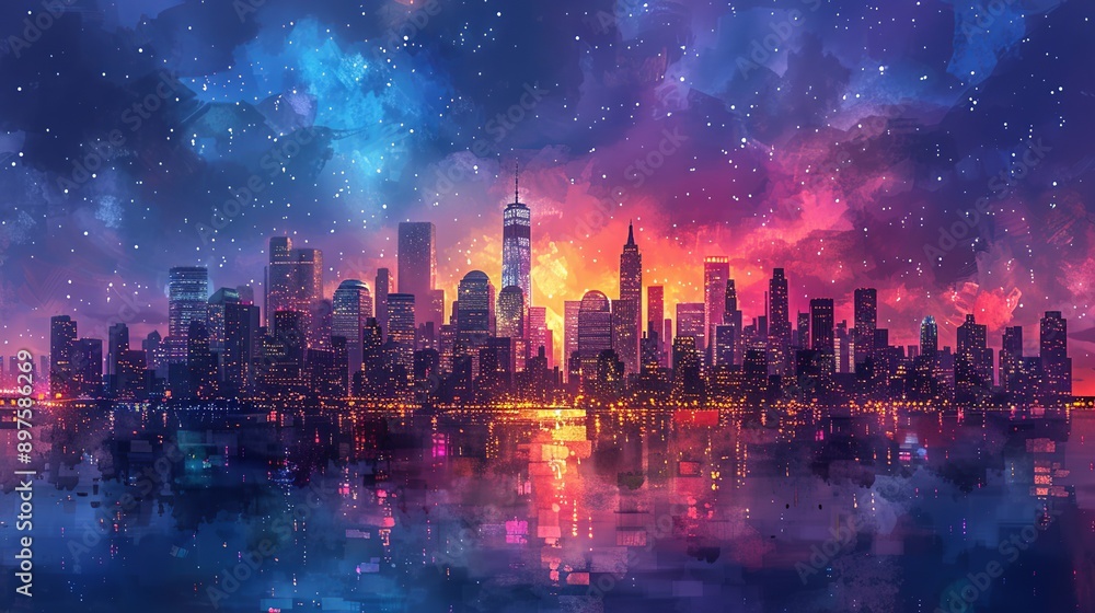 Obraz premium A bustling city skyline at night, glowing with bright, vivid colors and shimmering lights, creating an energetic, picturesque urban landscape that feels both lively and sophisticated. Watercolor