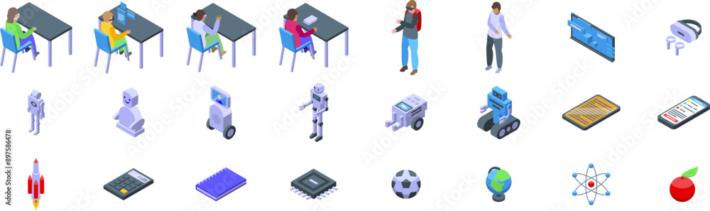 Futuristic school icons set. Isometric set of students studying at school desk and artificial intelligence concept icons Futuristic school icons set. Isometric set of students studying at school desk and artificial intelligence concept icons