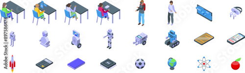 Futuristic school icons set. Isometric set of students studying at school desk and artificial intelligence concept icons