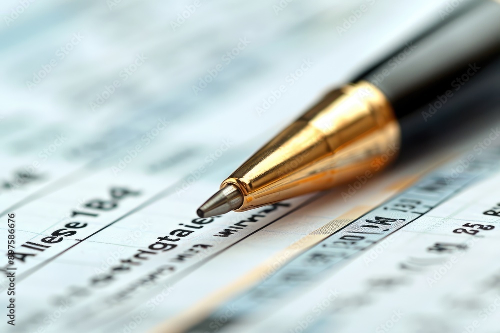 Pen placed on a spreadsheet, highlighting financial data and figures, symbolizing business, finance, and office work.