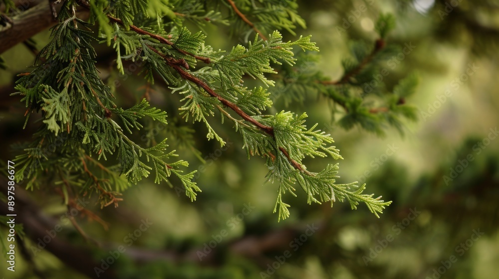 Red cedar branch, highlighting the rich color and texture of the leaves and bark Red cedar branch, highlighting the rich color and texture of the leaves and bark