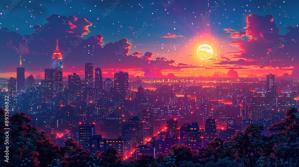 Obraz premium The radiant cityscape at night, illuminated by dazzling, neon-lit buildings and a twinkling skyline, creating a dynamic and vibrant atmosphere that feels both enchanting and futuristic. Watercolor