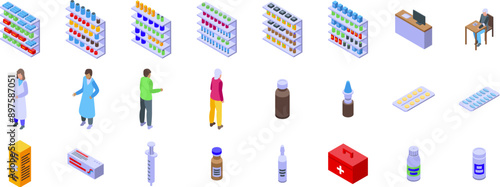Drugstore interior icons set. Pharmacist helping customer choosing medicaments in drugstore with counter and shelves full of pills, isometric icons set