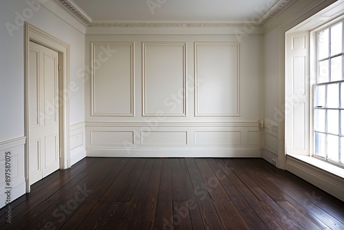 a room with white walls and dark wood floors © Eleftheria