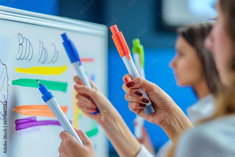 Beautiful business people's hands holding different markers writing on a whiteboard. Beautiful business people's hands holding different markers writing on a whiteboard.