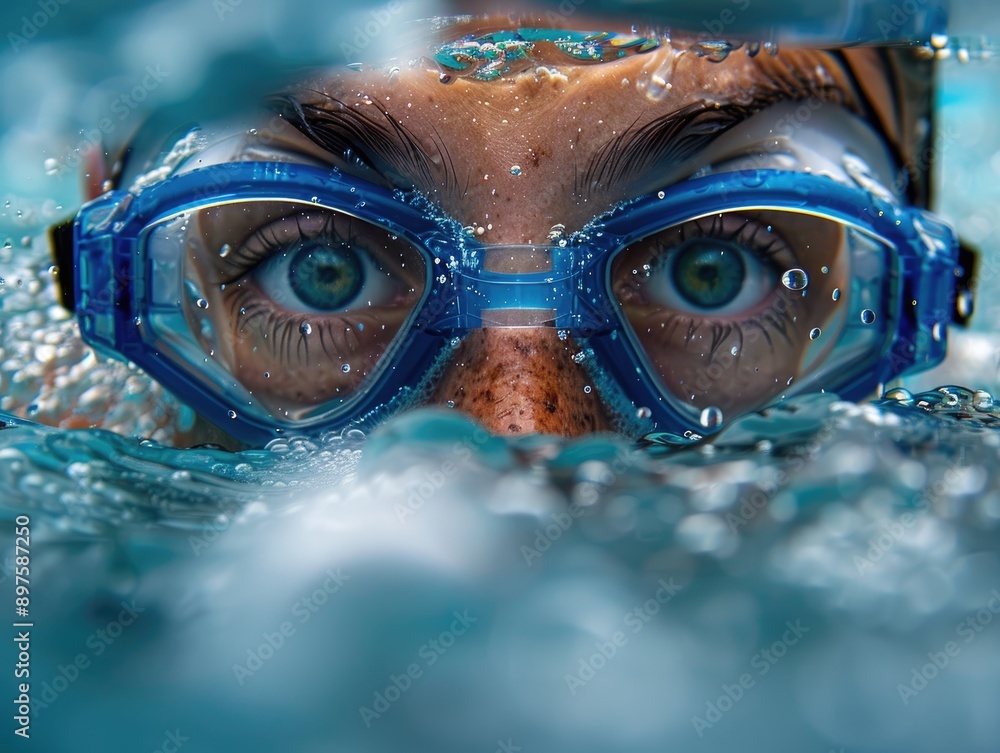 Swimmer's head emerging from water with swimming goggles Swimmer's head emerging from water with swimming goggles