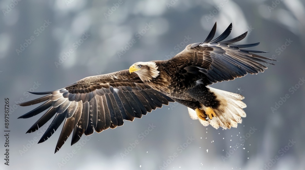 Fototapeta premium Bald eagle soaring gracefully over a landscape.