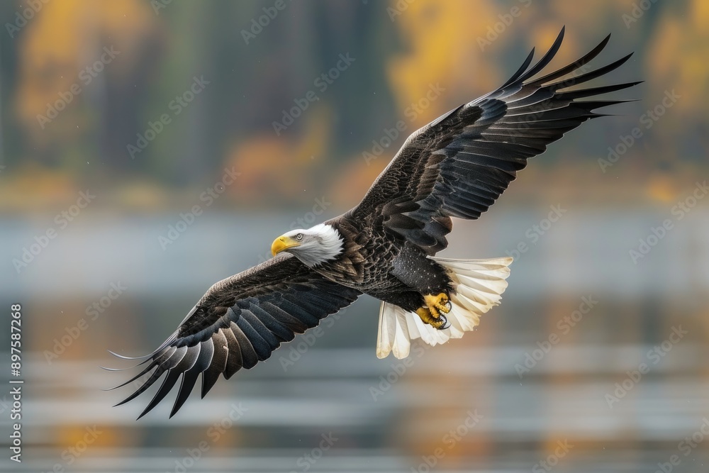 Bald eagle soaring gracefully over a landscape.