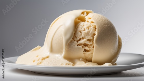 Light yellow ice cream scoop smooth vanilla flavor sits elegantly on a white plate amidst a gray table backdrop.