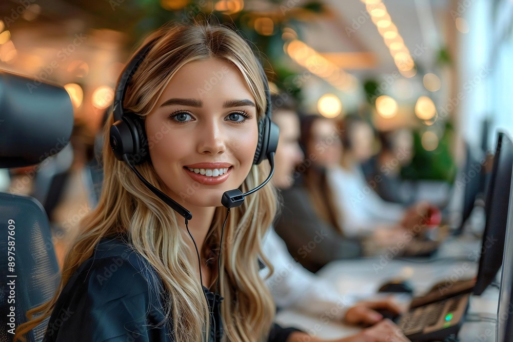 Beautiful team leader providing training to her call center operators in a spacious office setting filled with phones and headsets. Beautiful team leader providing training to her call center operators in a spacious office setting filled with phones and headsets.