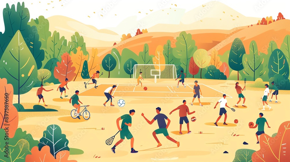 Obraz premium People of all ages are enjoying a beautiful day in the park. They are playing basketball, soccer, tennis, and other sports.