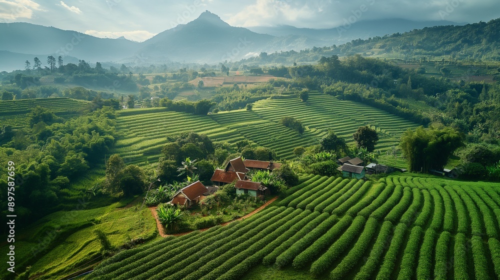 Vibrant farmlands with lush green crops and traditional wooden farmhouses Vibrant farmlands with lush green crops and traditional wooden farmhouses