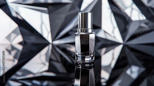 A sleek silver nail polish bottle with metallic shimmer, set against a backdrop of modern geometric patterns, exuding contemporary chic and urban sophistication.