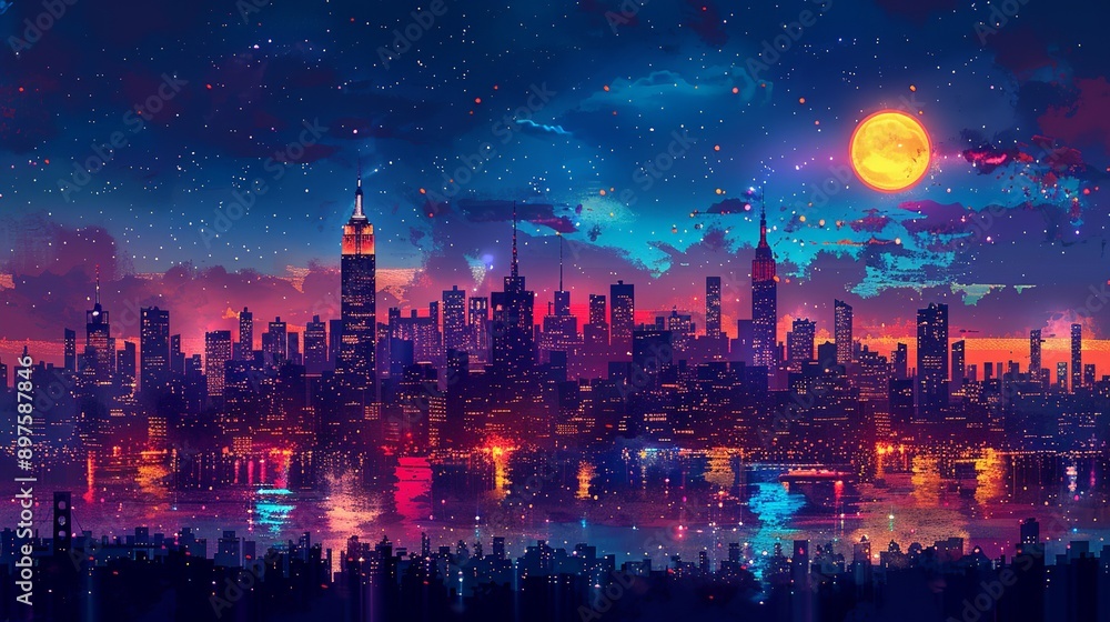 Obraz premium A bustling city skyline at night, glowing with bright, vivid colors and shimmering lights, creating an energetic, picturesque urban landscape that feels both lively and sophisticated. Watercolor