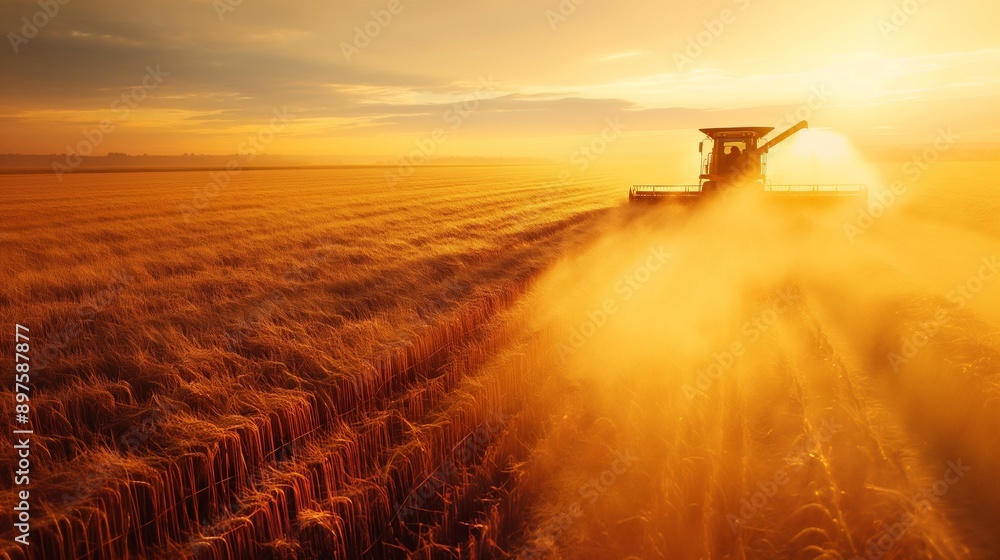 Fototapeta premium Modern agricultural machinery working on a vast field, harvesting crops