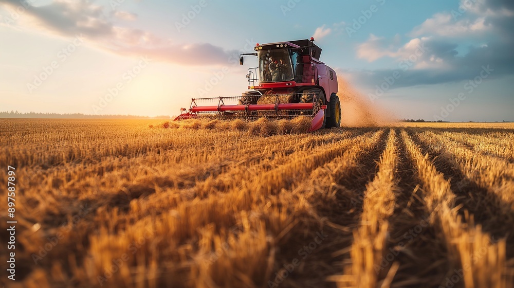 Obraz premium Modern agricultural machinery working on a vast field, harvesting crops