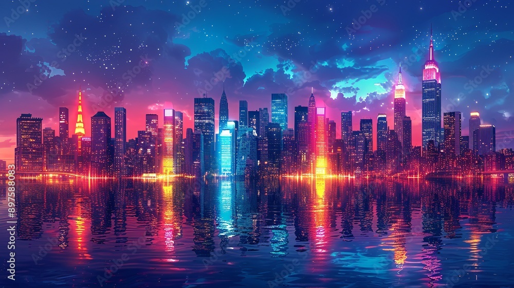 Panoramic view of a bustling city at night, with glowing, colorful lights reflecting off sleek skyscrapers and creating a dynamic, vibrant urban landscape. Watercolor style, high resolution Panoramic view of a bustling city at night, with glowing, colorful lights reflecting off sleek skyscrapers and creating a dynamic, vibrant urban landscape. Watercolor style, high resolution