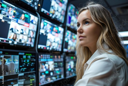 Free Download Beautiful person monitoring multiple CCTV footage with security alarm text on screen in spy room. - GFXLoad