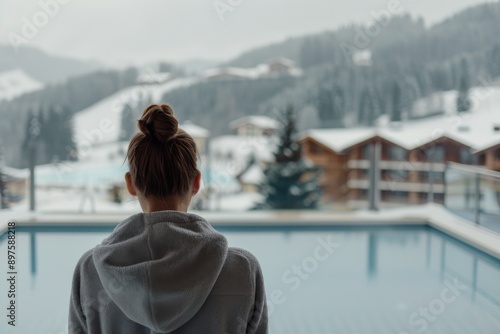 Woman in Robe Admires Snowy Mountain View