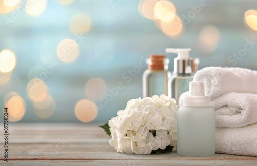Spa Products on Wooden Table With Bokeh Background