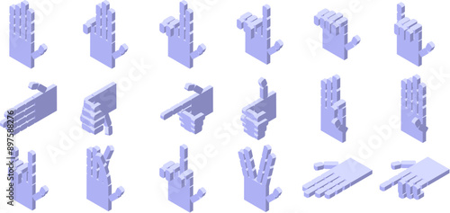 Robot hand gestures icons set. Set of pixel art hands making different gestures isometric icons on white background