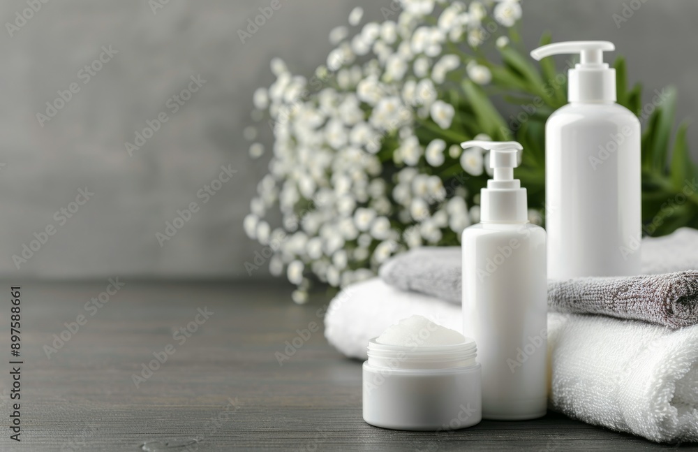 White Bottles and Towels on a Countertop White Bottles and Towels on a Countertop