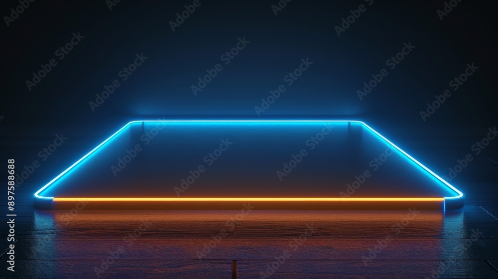 Blue and orange neon lights illuminate an empty stage, evoking a futuristic ambiance Blue and orange neon lights illuminate an empty stage, evoking a futuristic ambiance