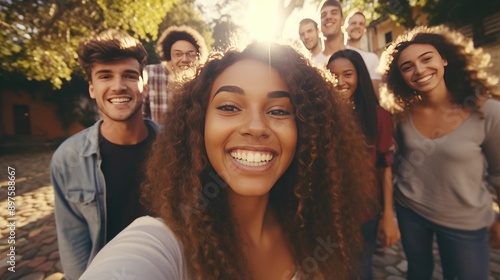 A group of people are smiling and posing for a picture. The girl in the center is smiling and has her hair up photo