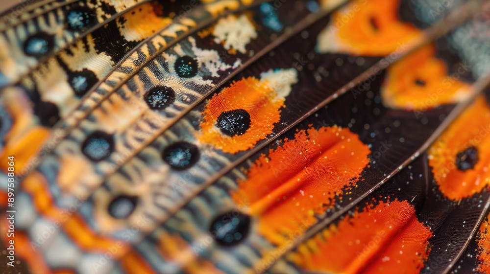 Detailed macro shot of a vibrant butterfly wing, showcasing intricate patterns. Detailed macro shot of a vibrant butterfly wing, showcasing intricate patterns.