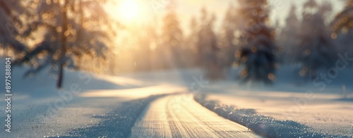 Snowy Forest Path at Sunset