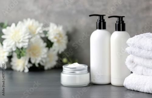 White Bottles and Towels on a Countertop
