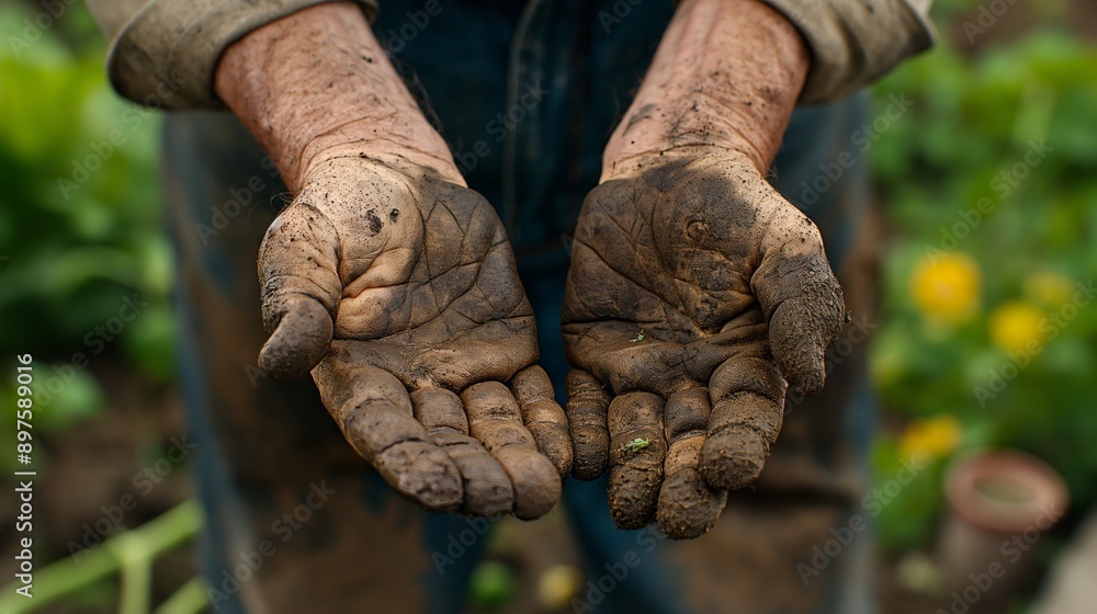 A close-up shot of a farmer's hands, calloused and weathered from years of hard work A close-up shot of a farmer's hands, calloused and weathered from years of hard work
