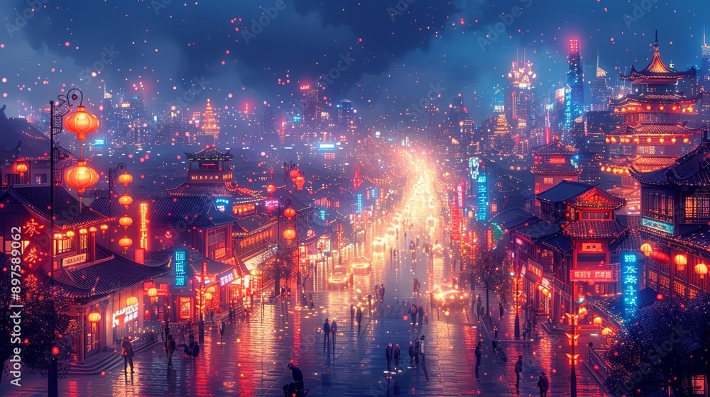 Obraz premium The nocturnal cityscape is alive with vibrant, neon-lit buildings and twinkling lights, creating a captivating and bustling urban atmosphere that glows with radiant energy. Watercolor style, high