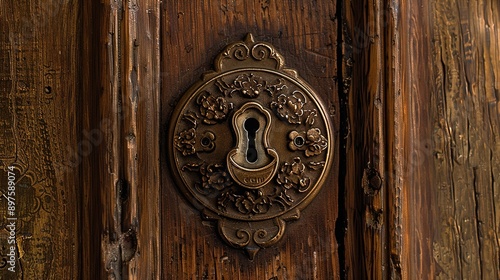 Obraz na płótnie A vintage brass rim lock with ornate keyhole cover, nestled against a backdrop of antique wooden door, capturing the timeless elegance and craftsmanship of bygone eras. w salonie