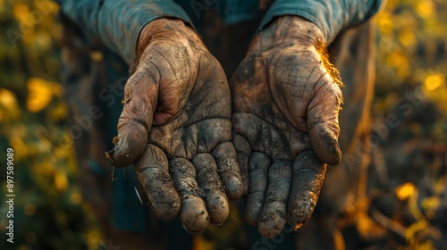 A close-up shot of a farmer's hands, calloused and weathered from years of hard work