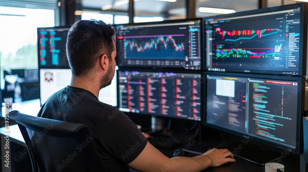 DevOps Engineer Managing CI/CD Pipeline in Cutting-Edge Office Environment with Multiple Monitors DevOps Engineer Managing CI/CD Pipeline in Cutting-Edge Office Environment with Multiple Monitors