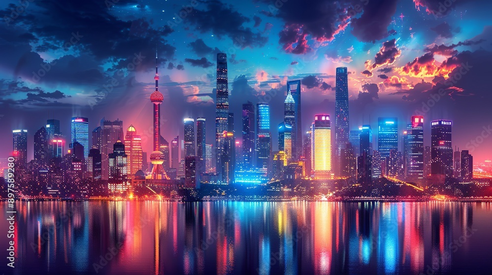 Obraz premium Panoramic view of a bustling city at night, with glowing, colorful lights reflecting off sleek skyscrapers and creating a dynamic, vibrant urban landscape. Watercolor style, high resolution