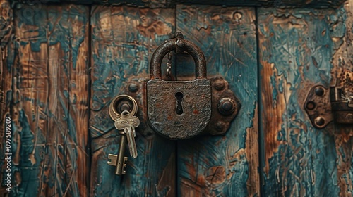 A vintage padlock and key set, nestled against a backdrop of aged wooden door, showcasing the nostalgic charm and simplicity of traditional security measures.