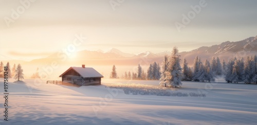 Snowy Cabin in the Mountains at Dawn