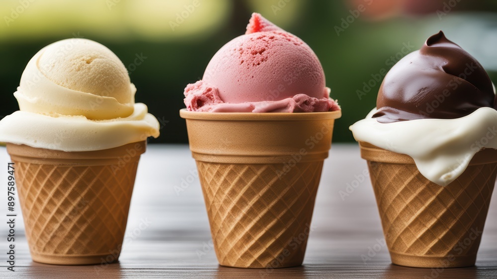 Three ice cream cones in a row Vanilla with swirls atop Strawberry with red chunks mixed in and Chocolate with dark brown hue. Each cone uniquely represents its flavor profile. Three ice cream cones in a row Vanilla with swirls atop Strawberry with red chunks mixed in and Chocolate with dark brown hue. Each cone uniquely represents its flavor profile.
