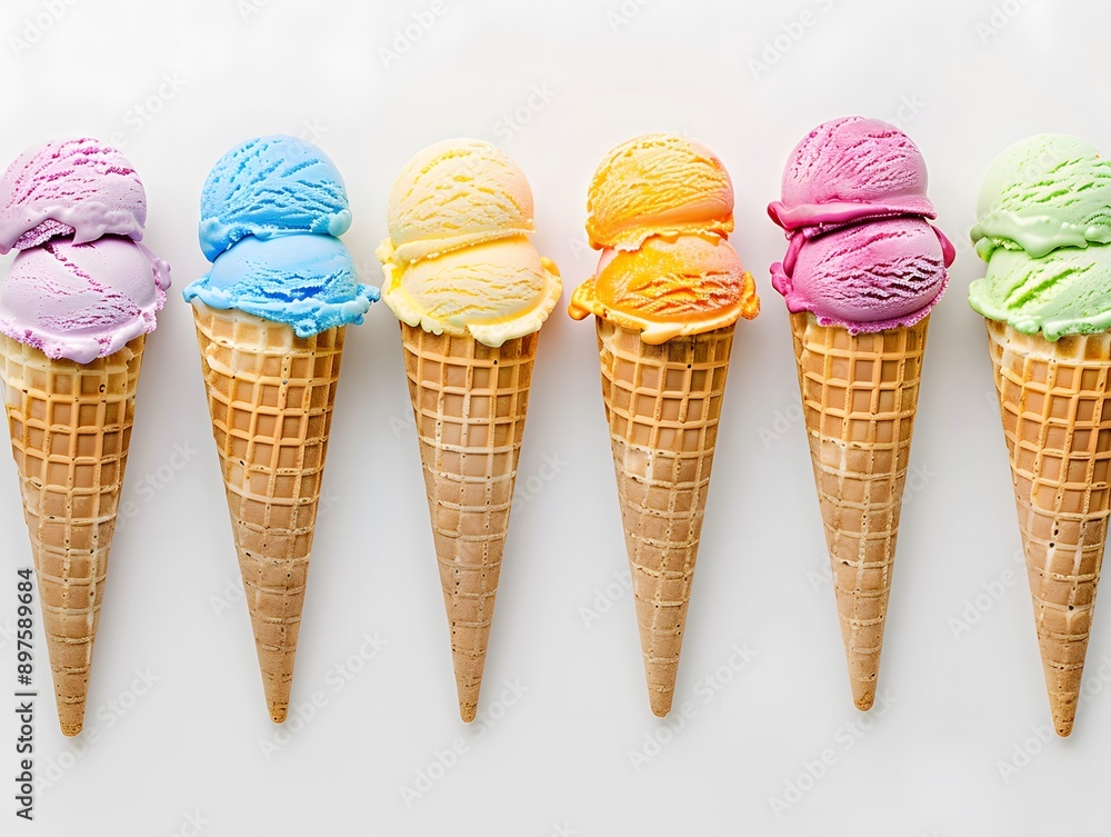 Colorful ice cream cones in a row on white background Colorful ice cream cones in a row on white background