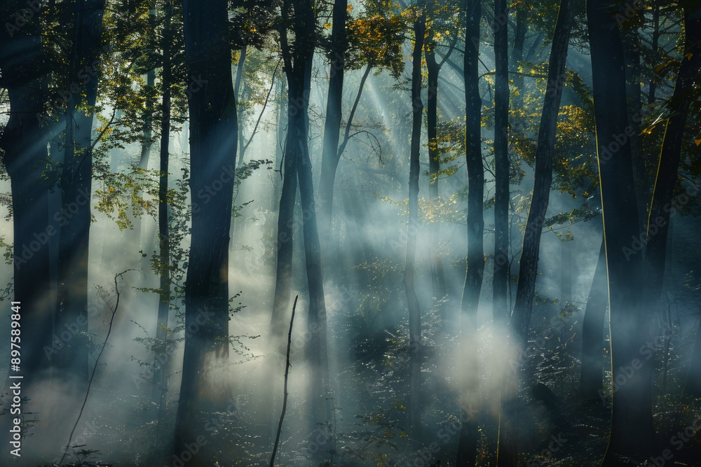 The natural beauty of a forest at dawn, with mist resembling smoke gently enveloping the trees - Generative AI The natural beauty of a forest at dawn, with mist resembling smoke gently enveloping the trees - Generative AI