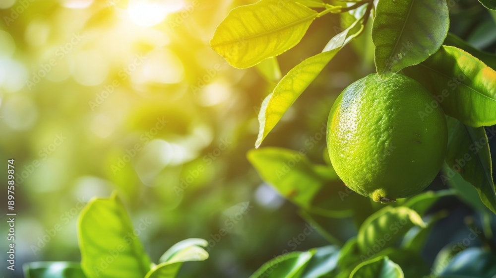 Vibrant green lime hanging from a tree branch Vibrant green lime hanging from a tree branch